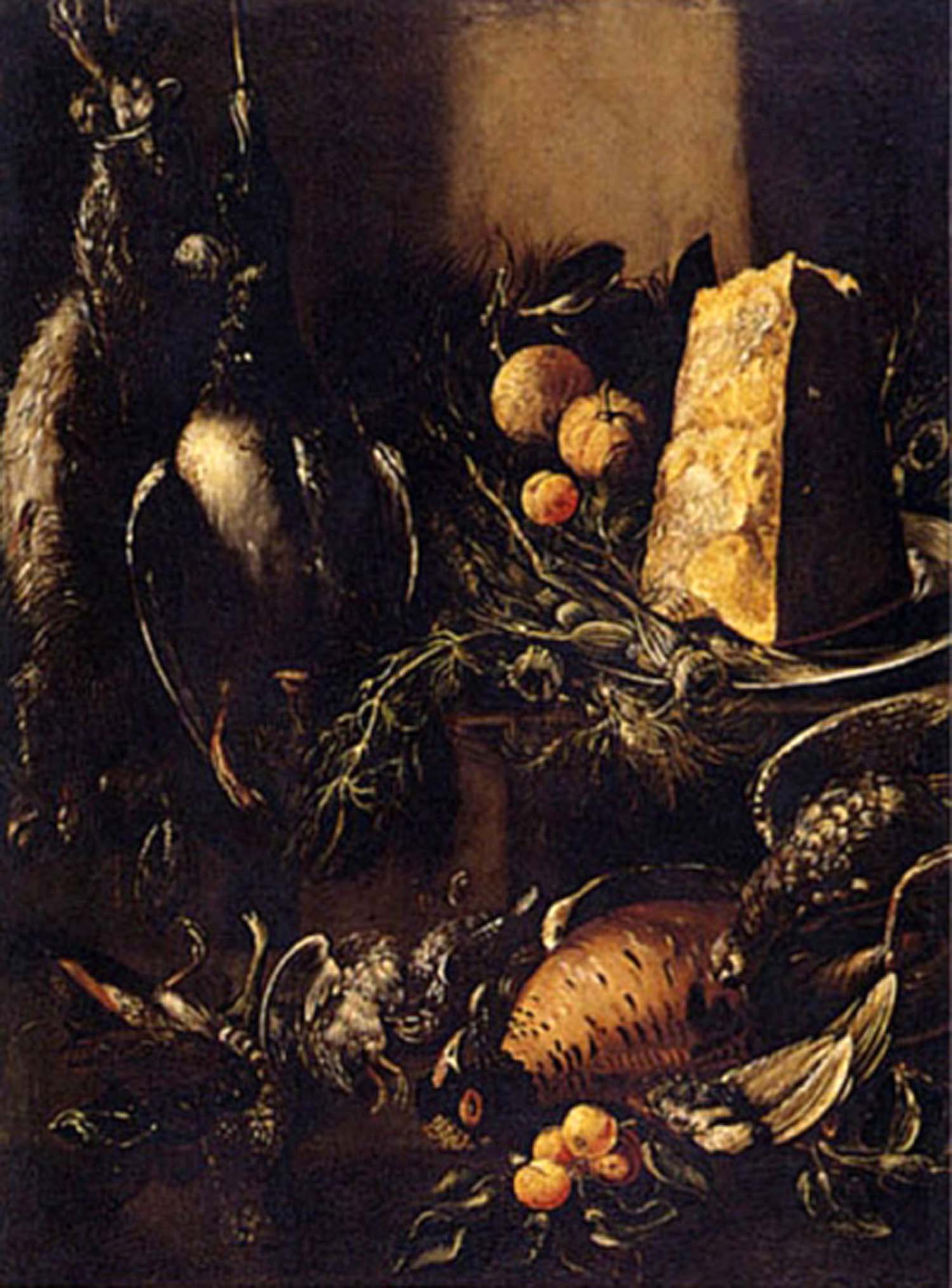  Natura morta con cacciagione e un pezzo di Parmigiano di Bartolomeo Arbotori